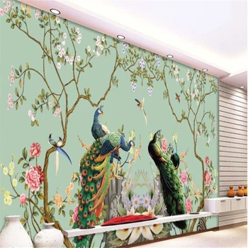 Beibehang Užsakymą didelės freskos tapetai Europos gėlių paukštis, povas iliustracija foną už sienos 3 d papel de par