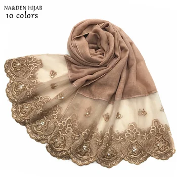 NAUJAS siuvinėjimo paprasto hijab šalikas pearl mados musulmonų hijabs kieta moteris, šalikai ir skaros, islamo šalikai, šaliai, kaklaskarės prabangus dizainas