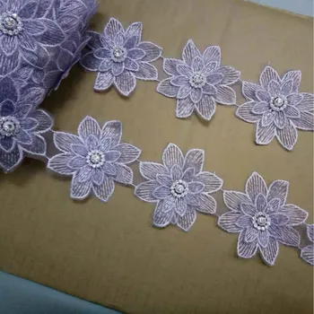 10x Violetinė 7x7cm 3D Medvilnės Pearl Gėlių Išsiuvinėti Nėriniai Apdailos Juostelės Medžiaga Rankų darbo 
