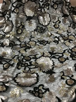 2018 m. 3D prancūzijos nėrinių audinio su gėlių siuvinėjimas aukso blizgučiai nėrinių audinys, aukštos kokybės afrikos ju nėriniai už asoebi šalis suknelė