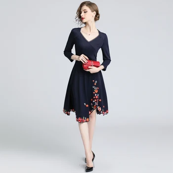 2019 Moterų Rudenį Elegantiška Siuvinėjimas Suknelė Festa Moterų Gėlių Dizaineris Biuro Šalis Vestidos Derliaus Asymmetr nereguliarus Suknelės
