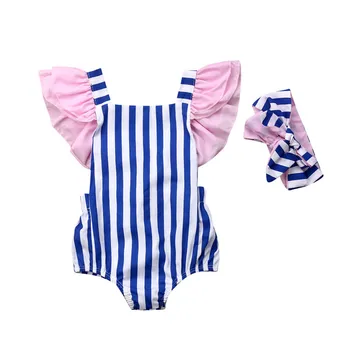 2019 Naujagimiui Mergaitė mėlyna dryžuotas Medvilnės Romper rožinė plaukioja rankovės Jumpsuit Bodysuit +Lankelis Apranga, Drabužiai