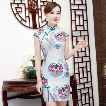2019 Seksuali Mini Cheongsam Tradicinės Kinų stiliaus trumpomis Rankovėmis Suknelė Moteriški Vasaros Viskozė Qipao Slim Šalis Suknelės Vestido S-XXL