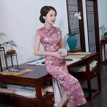 2020 M. Moteris Kinų Suknelė Elegantiškas Pagerėjo Trumpas Rankovės Cheongsam Suknelė Spausdinimo Ilgai Qipao Vakare Šalis Suknelė