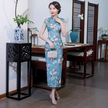 2020 M. Moteris Kinų Suknelė Elegantiškas Pagerėjo Trumpas Rankovės Cheongsam Suknelė Spausdinimo Ilgai Qipao Vakare Šalis Suknelė