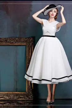 2020 m. Naujas Juodos ir Baltos Derliaus Arbata Ilgis Trumpa Vestuvinė Suknelė be Rankovių Savaiminio 1950 60s Nuotakos Suknelė pagal Užsakymą