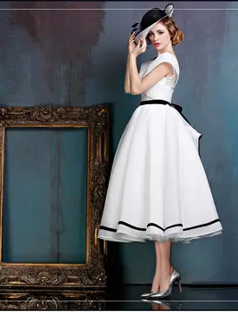 2020 m. Naujas Juodos ir Baltos Derliaus Arbata Ilgis Trumpa Vestuvinė Suknelė be Rankovių Savaiminio 1950 60s Nuotakos Suknelė pagal Užsakymą