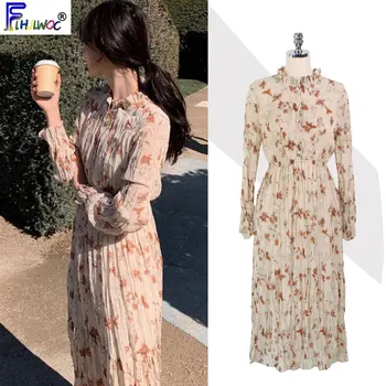 2020 M. Pavasario Naujųjų Metų Data Suknelės Korėja Japonijos Preppy Temperamentas Plonas Juosmens Linijos Gėlių Spausdinti Grožio Mygtuką Marškinėliai Suknelė