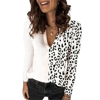 2020 m. Pavasarį, Rudenį, Naują Atvykimo Moterų Leopardas Spausdinti Susiuvimo V-kaklo, ilgomis Rankovėmis Atsitiktinis Palaidų T-shirt S-5XL