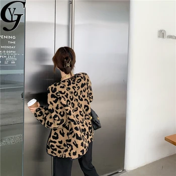 2020 M. Rudens Žiemos Vilnos Teddy Striukė Moterims Ulzzang Mados Leopardų Kailio Moterų Outwear Tirštėti Šiltas Negabaritinių Striukės Užtrauktukas