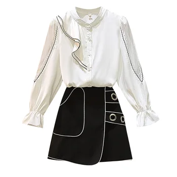 2020 m. rudenį naujų balta palaidinė marškinėliai & juodas sijonas, dviejų dalių apranga viršuje office mados laisvalaikio drabužių rinkinį lady kostiumas