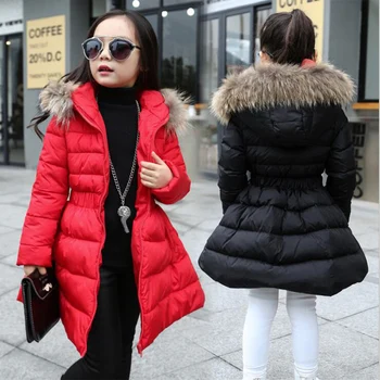 2020 m. žiemos vaikų mergaičių medvilnės drabužius medvilnės striukės, Paltai naujųjų metų sustorėjimas, Plonas, kailio apykakle ilgas žieminis paltas raudonas juodas