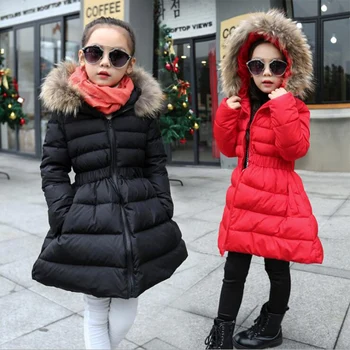 2020 m. žiemos vaikų mergaičių medvilnės drabužius medvilnės striukės, Paltai naujųjų metų sustorėjimas, Plonas, kailio apykakle ilgas žieminis paltas raudonas juodas
