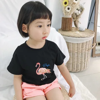 2020 metų Vasaros Berniukai O-kaklo Viršūnes Vaikų Medvilnės marškinėliai Kūdikių Mergaičių Vaikams Laisvalaikio Drabužius Kūdikiams Animacinių filmų Flamingo Siuvinėjimo Viršūnės