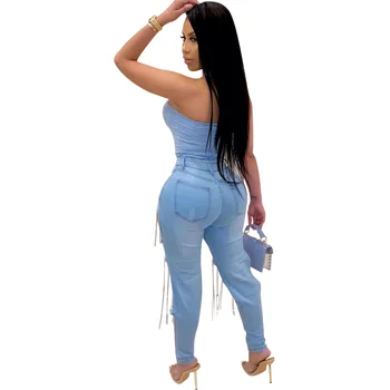 2020 moterų mados mėlyna didelės kišenės klubo hole specialaus dizaino kelnės sexy stora grandine antblauzdžiai high street lady mados kelnės