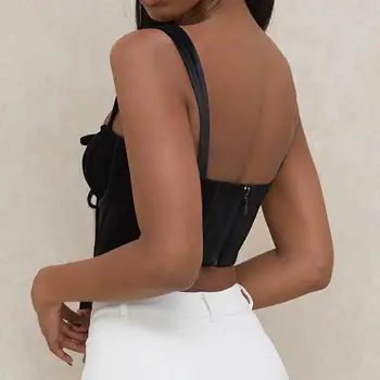 2020 Naujas Moterų Sexy Aksomo Backless Kvadratinių Kaklo Nėrinių Korsetas Viršuje Y2k Merginos Streetwear Kaulų Camisole Bustier Top Juoda
