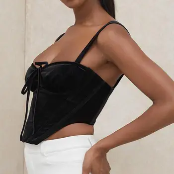 2020 Naujas Moterų Sexy Aksomo Backless Kvadratinių Kaklo Nėrinių Korsetas Viršuje Y2k Merginos Streetwear Kaulų Camisole Bustier Top Juoda