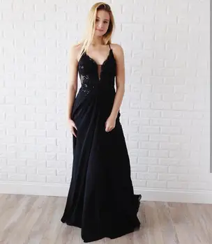 2020 paprasta apynasrio promenadzie suknelė juoda nėrinių appliques kristalų duobute vestidos de fiesta de noche suknelės moteris vakarėlis pardavimas
