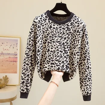 2020 Prarasti Spausdinti Megztinis Mados Lady Kasdien Dėvėti Korėjos Stiliaus Ilgomis Rankovėmis, O Ant Kaklo Megztinis Leopard Megzti Marškinėliai