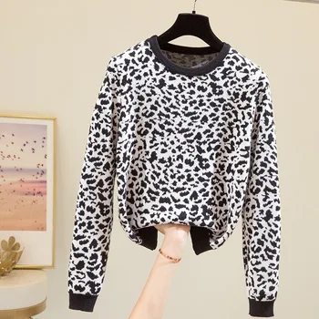 2020 Prarasti Spausdinti Megztinis Mados Lady Kasdien Dėvėti Korėjos Stiliaus Ilgomis Rankovėmis, O Ant Kaklo Megztinis Leopard Megzti Marškinėliai