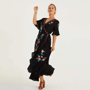 2021 Nauja Juoda Suknelė Blyksnius Rankovės Siuvinėjimas Ilga Suknelė-line Raukiniai Wrap Dress Viskozė Plisuotos Princesė Dress Boho Vestidos
