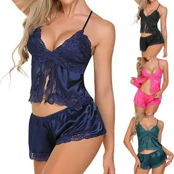 2vnt Moterų Sexy Satin Nėrinių Sleepwear apatinis Trikotažas Nightdress Pižama Komplektas