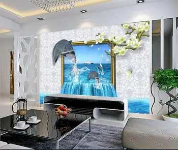 3d tapetai, 3d foto tapetai užsakymą freskos kambarį delfinų 3d tapyba nuotraukoje sofa-lova, TV foną sienos 3d