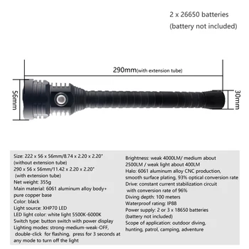 4000lm Super Ryškumas Nardymo Žibintuvėlis XHP70 šviesos diodu (LED) Balta Nardymo Šviesos Taktinis 18650 Povandeninis Žibintuvėlis atsparus Vandeniui 100M IP88