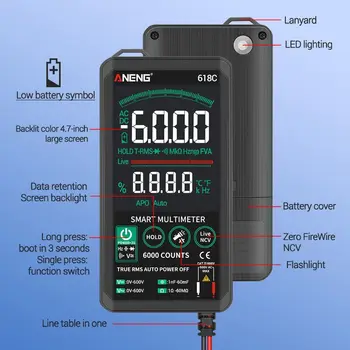 618C Skaitmeninis Multimetras Smart Touch AC DC True RMS Tranzistorius NCV Testeris, Matuoklis