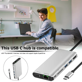 8 1 Multiport USB C Tipo Stebulės su HDMI, VGA, RJ45, USB 3.0 USB C Atminties Kortelių Skaitytuvas Daugiafunkcis USB HUB Nešiojamas PC Telefono