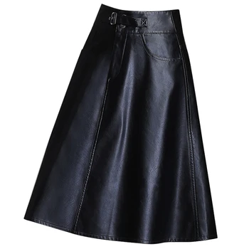 A-line Pu moterų sijonai Plisuotas juodos prarasti office lady elegantiškas moterų sijonai kelio ilgis juoda sijonai aukščiausios kokybės