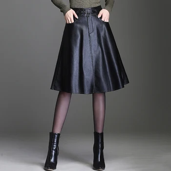 A-line Pu moterų sijonai Plisuotas juodos prarasti office lady elegantiškas moterų sijonai kelio ilgis juoda sijonai aukščiausios kokybės