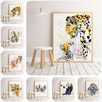 Akvarelė panda triušis žirafa, lapė, leopardas šiaurės plakatas gyvūnų sienos meno tapybos paveikslų apdailos kokybės drobė, tapyba