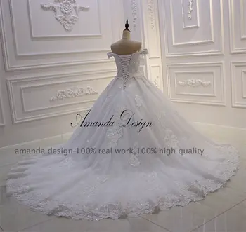 Amanda Dizaino Off Peties Trumpas Rankovės Nėrinių Aplikacijos Modelius Vestuvių Suknelė Nėriniai
