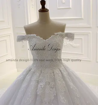 Amanda Dizaino Off Peties Trumpas Rankovės Nėrinių Aplikacijos Modelius Vestuvių Suknelė Nėriniai