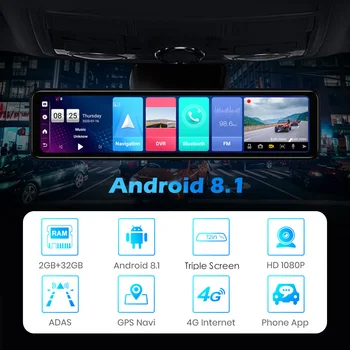 Android 8.1 galinio vaizdo Veidrodis Automobilių DVR ADAS WiFi GPS Brūkšnys Cam 1080P Vaizdo Vairavimo Diktofonu, FM BT Radijo 4G 