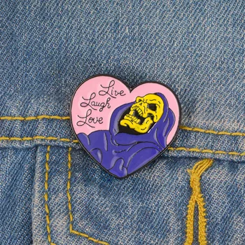 Animacinių filmų Live Laugh Love emalio pin Širdies formos Skeletas Ženklelis Sagė marškinėliai maišelį priedai Gotikos Papuošalai, Dovanos draugams, vaikams,