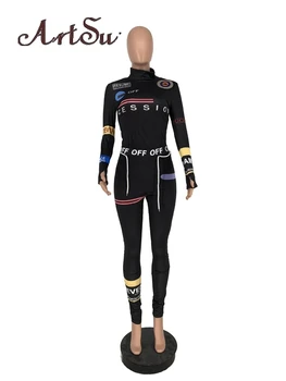 Artsu Spausdinti Tampri Bodycon Jumpsuit Moterų 2020 M. Rudenį Golfo Liesas, Plonas Fitneso Sportinės aprangos Komplektus AR30291