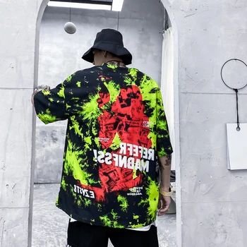Atspausdinta marškinėliai Kaklaraištis dažyti Hip-hop Trumpas rankovėmis Marškinėliai Vyrų korėjos Versija Tendencija Prarasti Hip-hop Stiliaus Penkių taškų Rankovėmis Marškinėliai