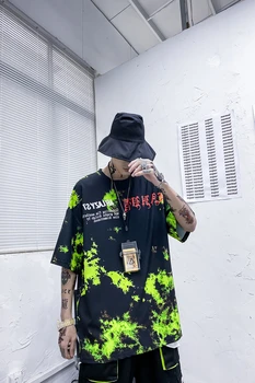 Atspausdinta marškinėliai Kaklaraištis dažyti Hip-hop Trumpas rankovėmis Marškinėliai Vyrų korėjos Versija Tendencija Prarasti Hip-hop Stiliaus Penkių taškų Rankovėmis Marškinėliai
