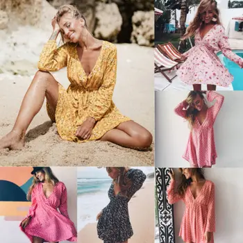 Atvykimo Moterų Vasaros Gėlių ilgomis Rankovėmis Suknelė Vasaros Paplūdimio Sundress Stiliaus Polka Dot V-Kaklo Suknelės