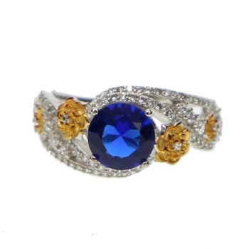 Auksas, sidabras mėlynos spalvos akcentas akmens pavasario dizainas daisy gėlių CZ puošnus vestuvinis žiedas