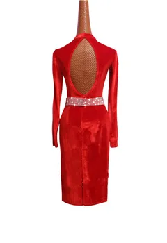Aukštos klasės Raudona lotynų Šokių Suknelė Moterims Aksomo Praktikos Sijonas Veiklos Kostiumas Aukšta Apykakle ilgomis Rankovėmis Suvynioti Klubo Suknelės