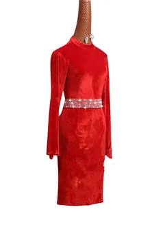 Aukštos klasės Raudona lotynų Šokių Suknelė Moterims Aksomo Praktikos Sijonas Veiklos Kostiumas Aukšta Apykakle ilgomis Rankovėmis Suvynioti Klubo Suknelės