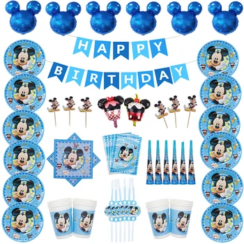 Aukštos Kokybės Mėlynos Desertas Mickey Mouse Laimingas Gimtadienio Dekoracijas Popieriaus Plokštė Taurės Šiaudų Servetėlės Vienkartiniai Tablewares Rinkinys