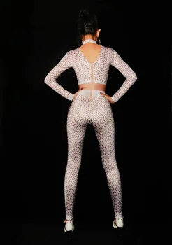 Balta Geometrinis Modelis Cirkonio Nuogas Jumpsuit Didelis Ruožas Antblauzdžiai Moterų Prom Šalis Nešioti naktiniame klube Bar Rodyti Seksualus Bodysuit