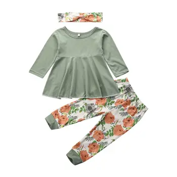Bamblys Vaikas Baby Girl Drabužius ilgomis Rankovėmis Kietas marškinėliai Topai +Gėlių Kelnės, Antblauzdžiai+ Lankelis Rudenį Atsitiktinis 3PCS Apranga Rinkinys