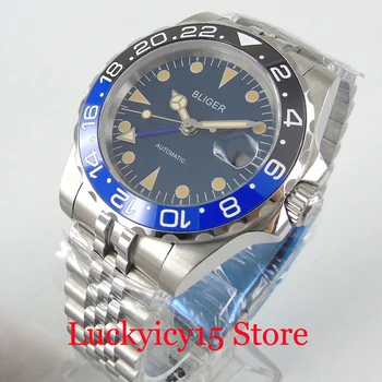 BLIGER Prekės GMT Modelis Automatinė Vyrų Laikrodis Juoda Mėlyna Keramikos Bezel Jubiliejaus Dirželis 40mm Atveju