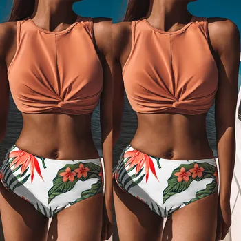 Brazilijos Aukšto Juosmens Bikini 2021 Bandeau Mazgas Maudymosi Kostiumėlį Lapai Spausdinti Maudymosi Kostiumėliai Moterims Seksualus Push-Up Maudymosi Kostiumą Tvarstis Paplūdimio
