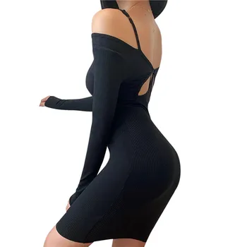 CHRONSTYLE 2020 Mados Tendencija Seksuali Moteris Rudenį Mini Suknelė ilgomis Rankovėmis Off Peties Tuščiaviduriai Iš Black Slim Montavimo Suknelė Clubwear